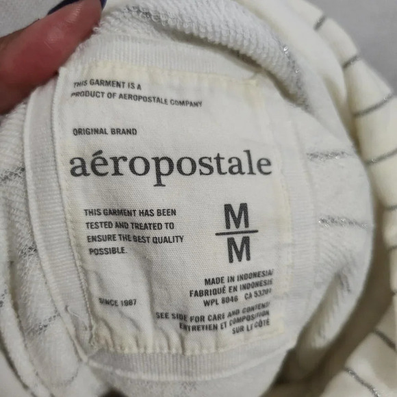 Aeropostale Cream Silver Metallic Stripe Pullover Hoodie Size M Pocket FLAW - Picture 5 of 9